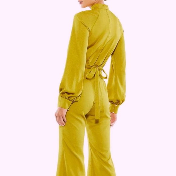 Mac Duggal Chartreuse Long Sleeve Flare Leg Satin Jumpsuit - Picture 3 of 4